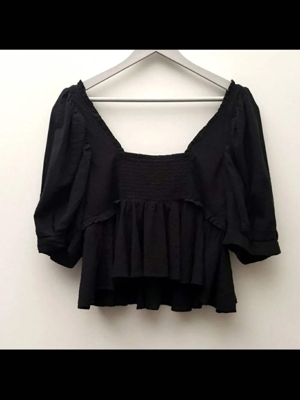 Free People Black Peplum Puff-Sleeve Button-Front Top